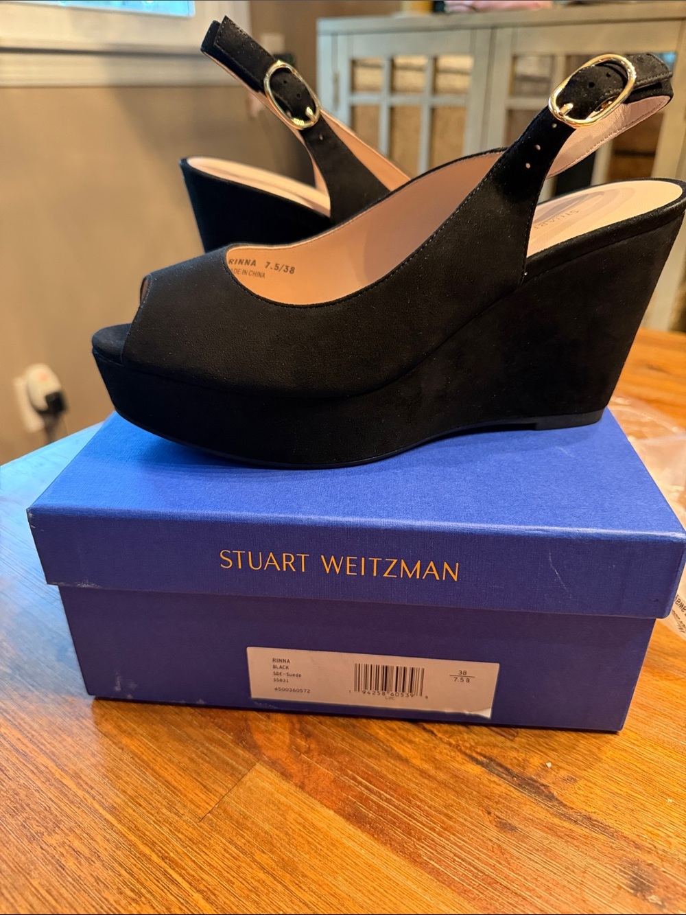 Stuart Weitzman Black Suede Peep-Toe Wedge Slingbacks